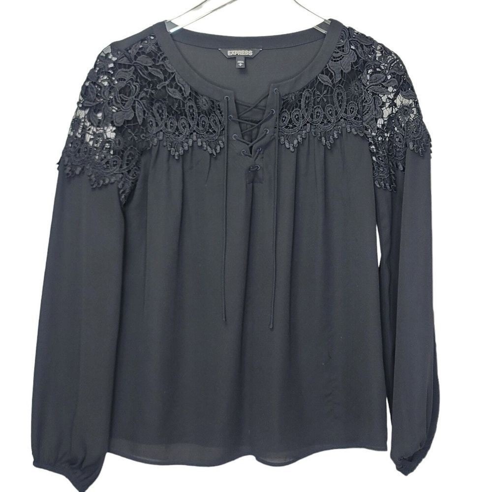 express black top blouse sheer lace up long sleeve goth whimsigoth romantic S